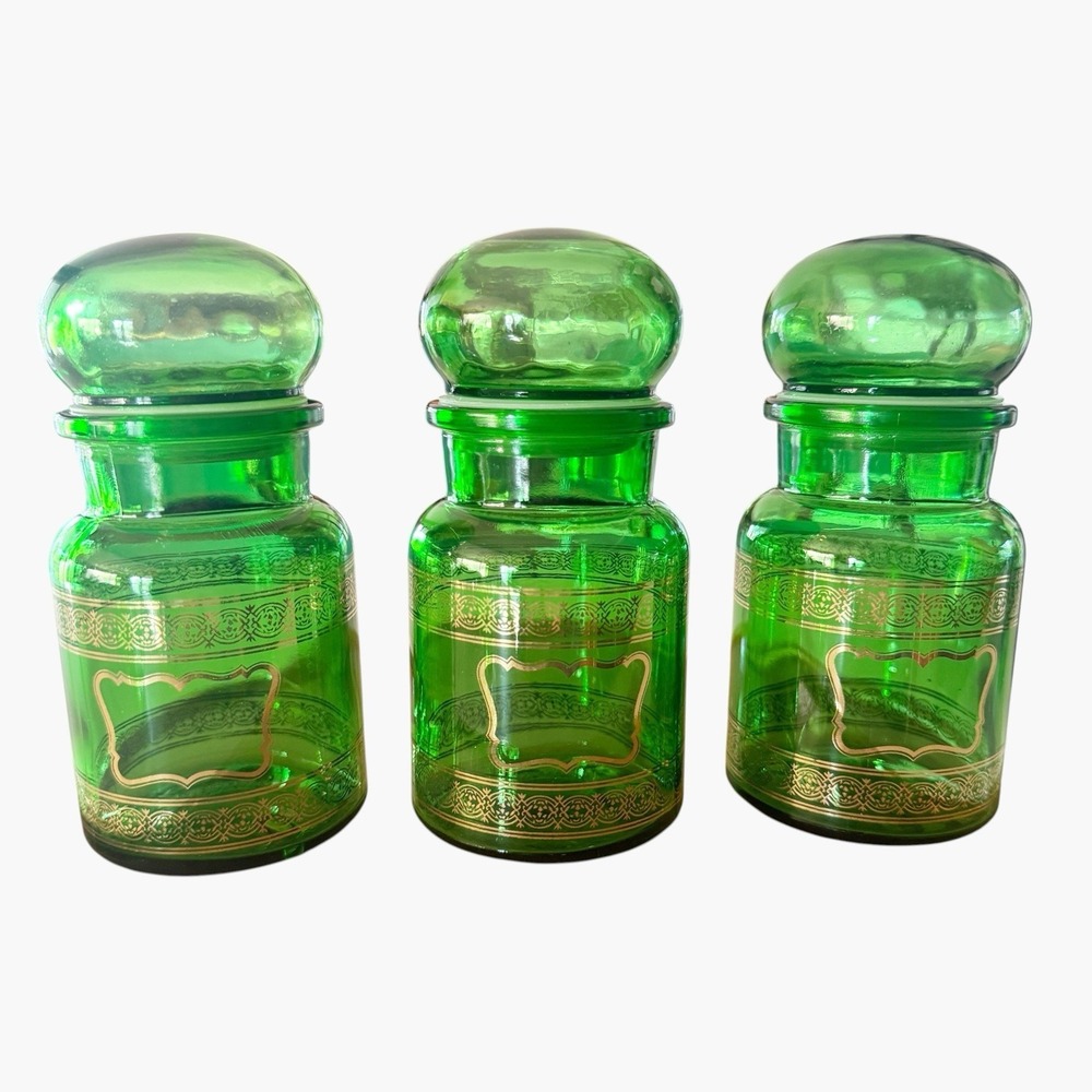 Vintage Emerald Green BUBBLE Top Apothecary Glass Jars (3) Made in Belgium